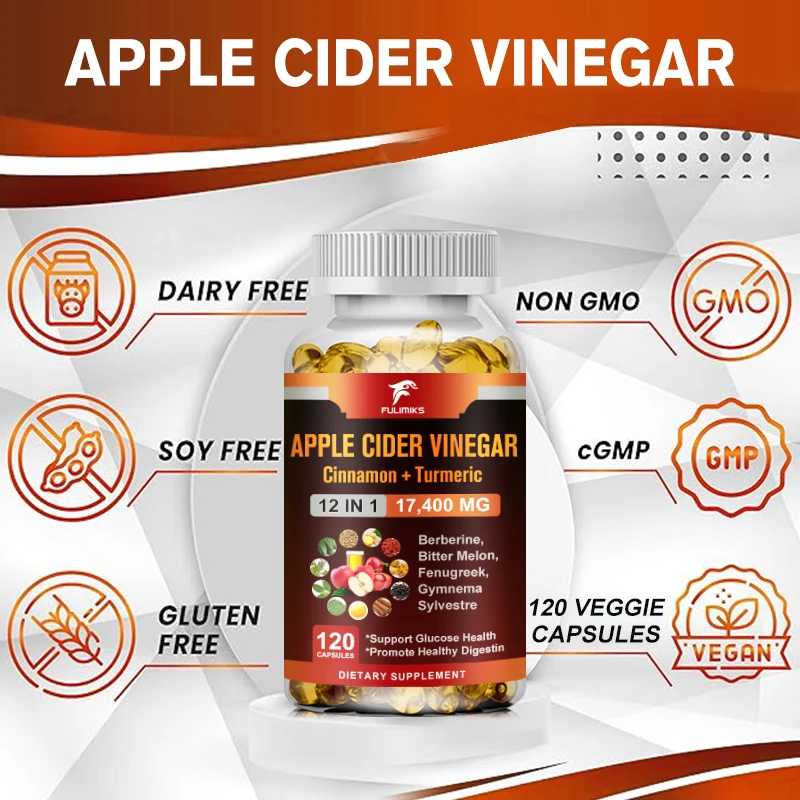 Organic Apple Cider Vinegar Capsules 17,400mg with Cinnamon, Turmeric -Best Supplement for Digestive, Immunity Support