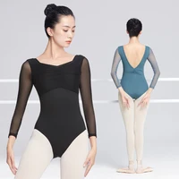 Leotardos de Ballet para mujer, gimnasia para adultos, Yoga, bailarina, monos de baile, malla de retales, leotardos de manga larga con cuello cuadrado
