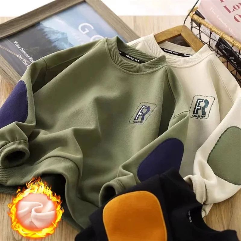 

Winter Boys Fleece Sweatshirt Children's Thickened Jumper Autumn Warm Long-Sleeved Top Kids Round Neck Casual Loose Pullover