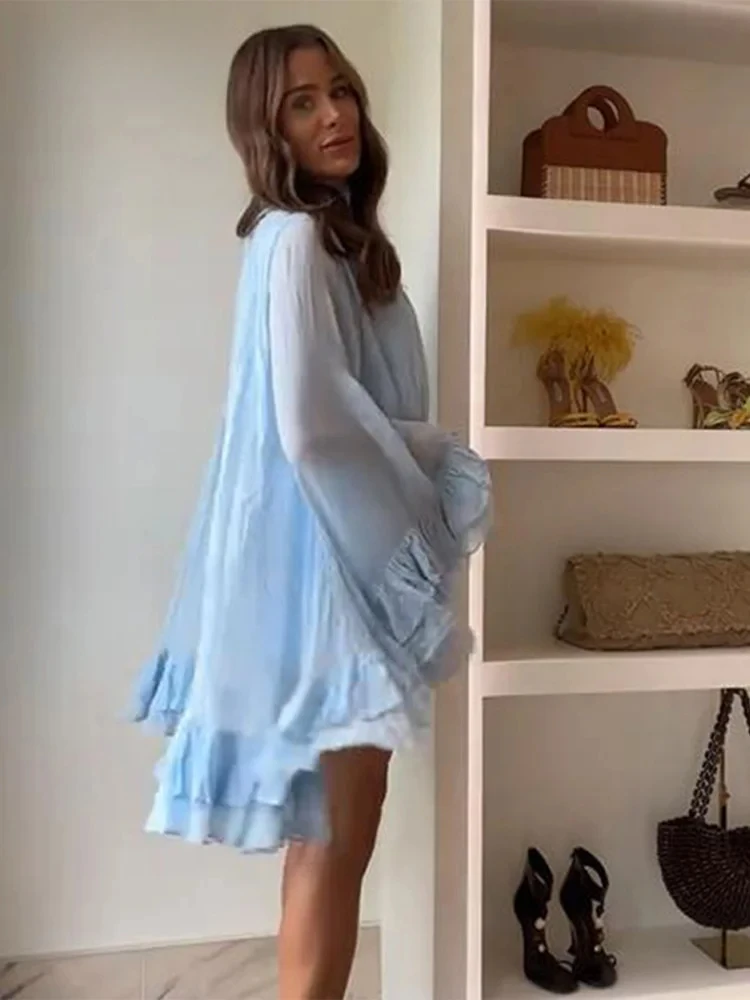 Elegante multi camadas babados vestido curto feminino plissado gola alta alargamento manga vestidos de férias 2025 verão senhora festa robes