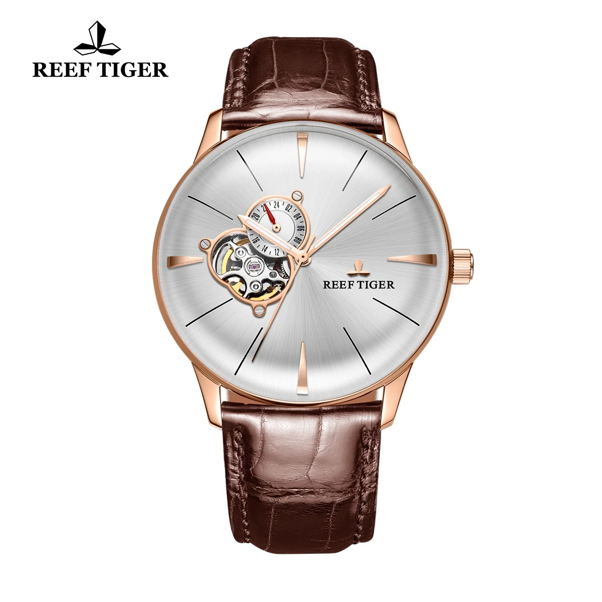 Reef Tiger/ Mens Dress Watch Top Brand Luxury Automatic Watch Genuine Leather Strap Rose Gold Analog Watches RGA8239