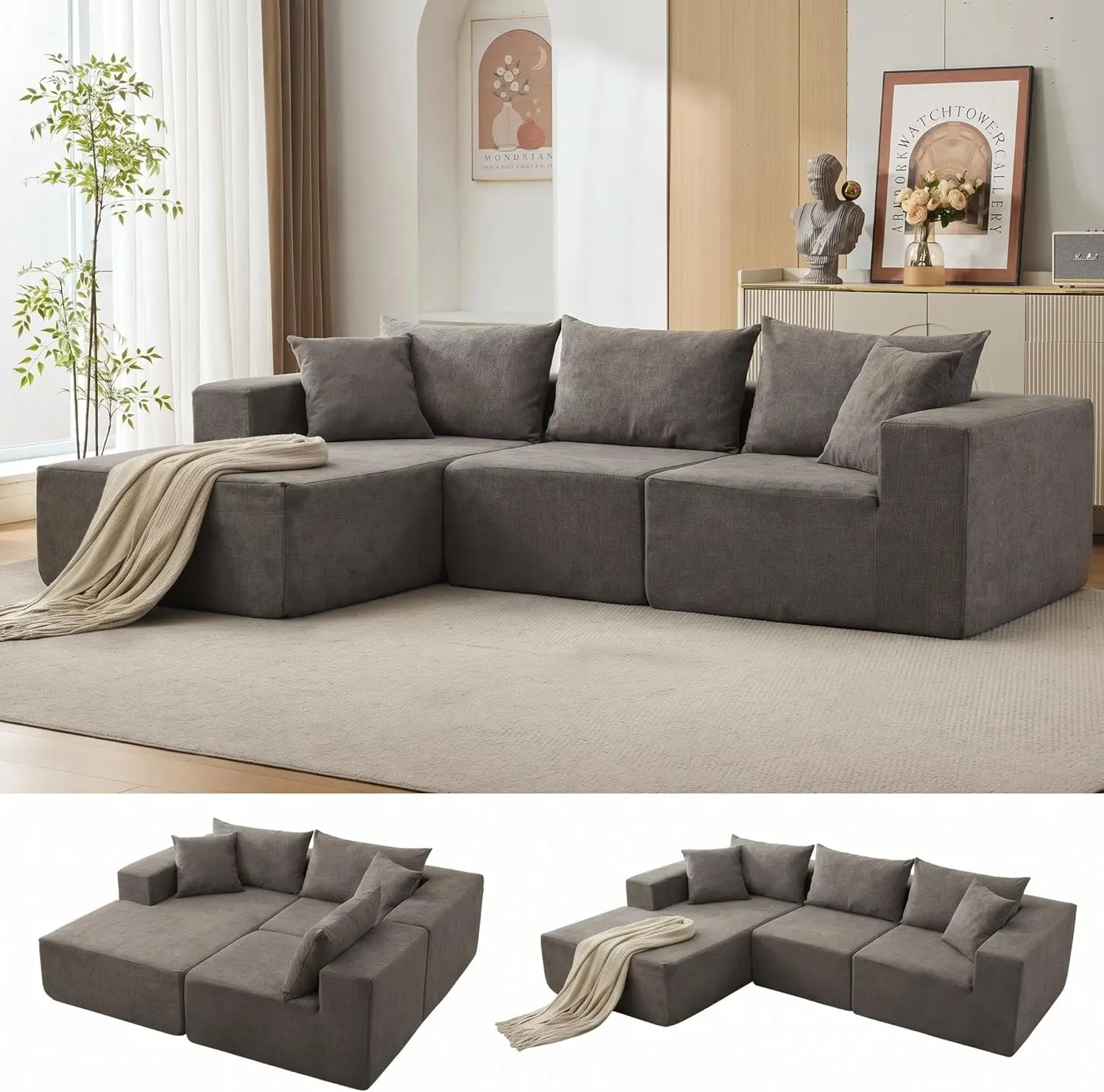 Sofá Modular en Esquina de 108 Pulgadas con Chaise Longue: Sofá Cama sin Estructura con Asiento Profundo y Muelles Ensacados, Sofá Seccional en Forma de L, No Requiere Montaje, Sofá Grande para Sala de Estar para Apartamentos y Familias, Mueble Cómodo Acolchado