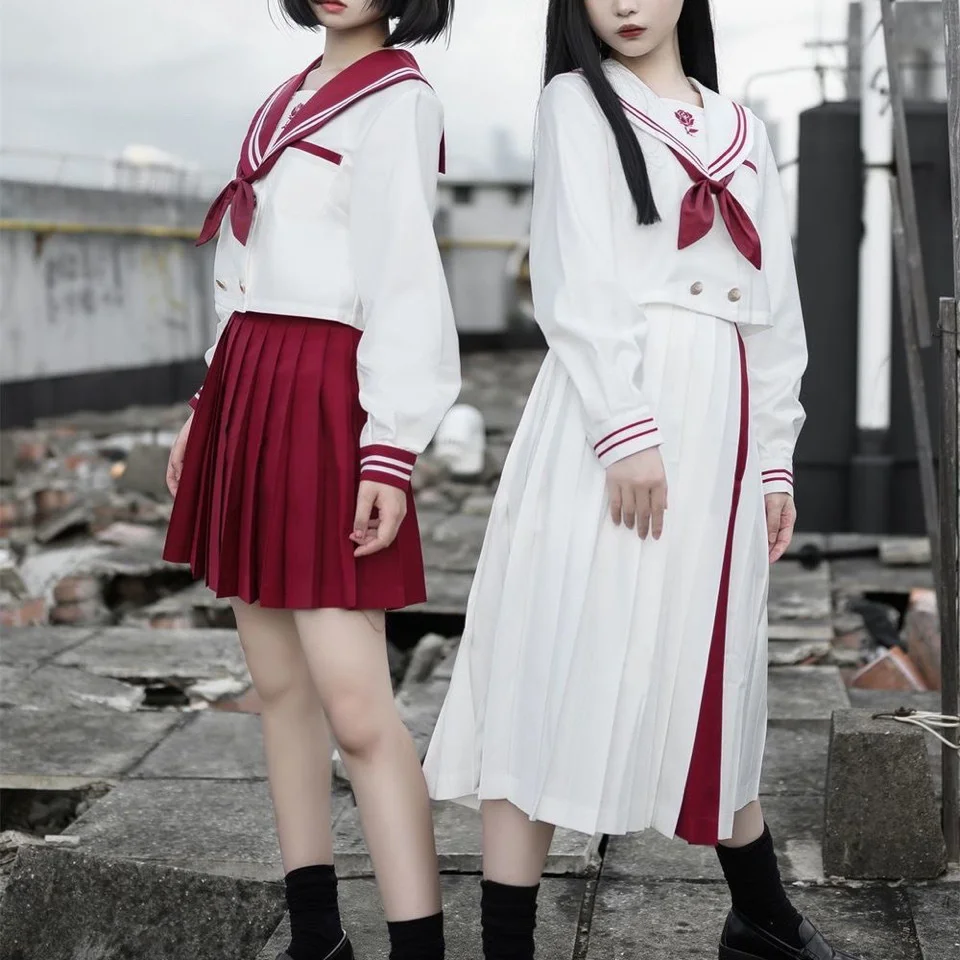 [Fire and Roses]Jk Uniform Academy Style Daily Bad Sailor School Uniform Set Red White Long Short Skirts Lolita Dresses Women