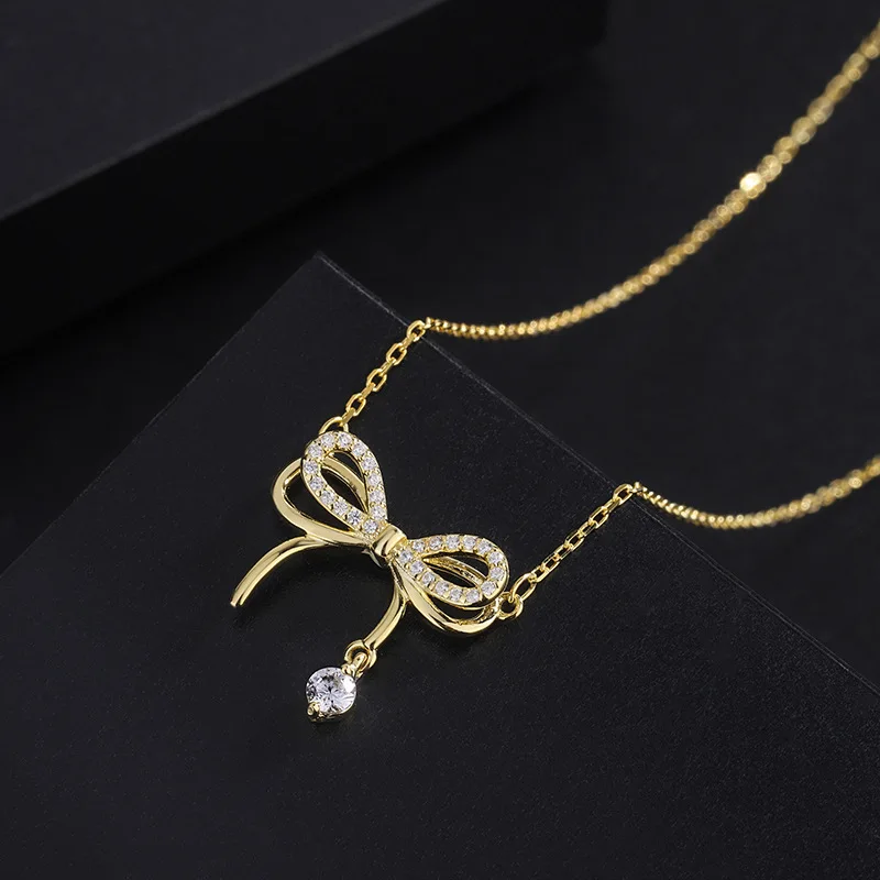 

Luxury S999 Sterling Silver MultiColor Cubic Zirconia Bowknot Necklaces For Women Sparkling Fine Jewelry Gift 39+5cm