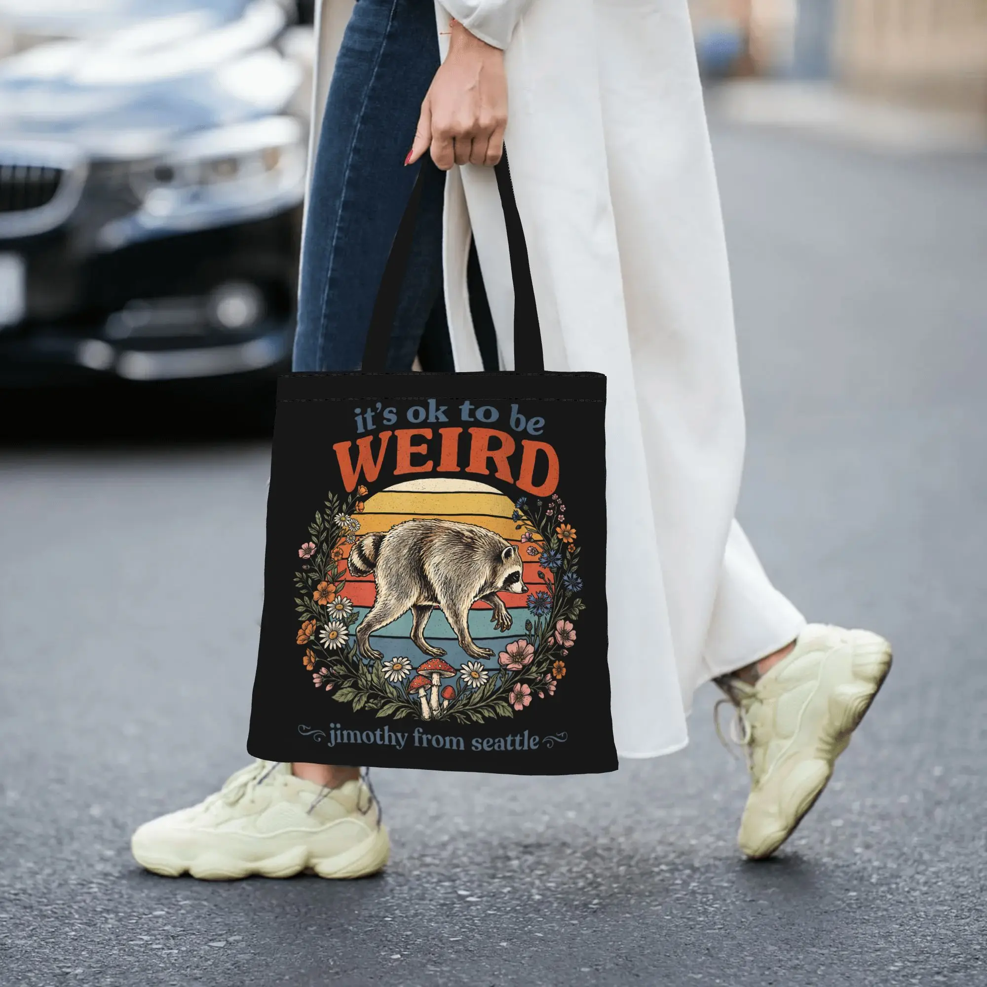 Its Okay to Be Weird Jimothy Tee Viral Raccoon Seattle Panda canvas tote bag,  urban style for daily shopping and casual outings