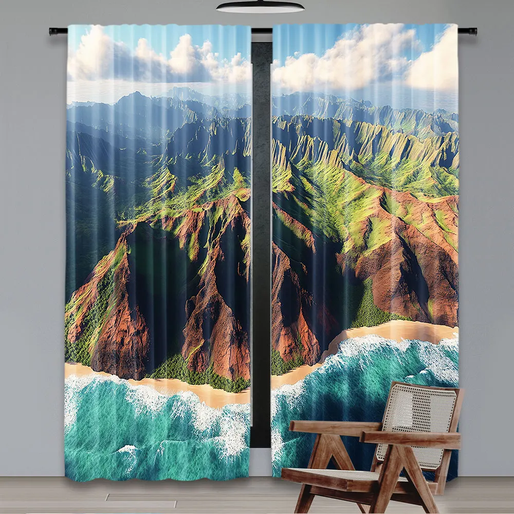 2Pcs Hawaiian Curtain Aerial View Of Na Pali Coast Kauai Hawaii Mountain Cliff Seacoast Scenic For Bedroom Living Room And