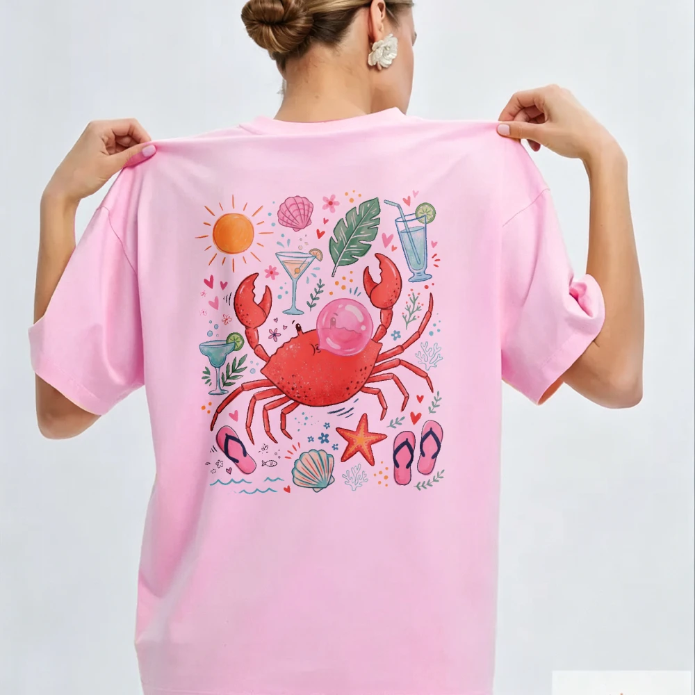 Cartoon Crab Cocktail Tropical Boxy Women Tee, Summer Beach Vacation Top, Soft Cotton Blouse, Tropical Island Trip Gift
