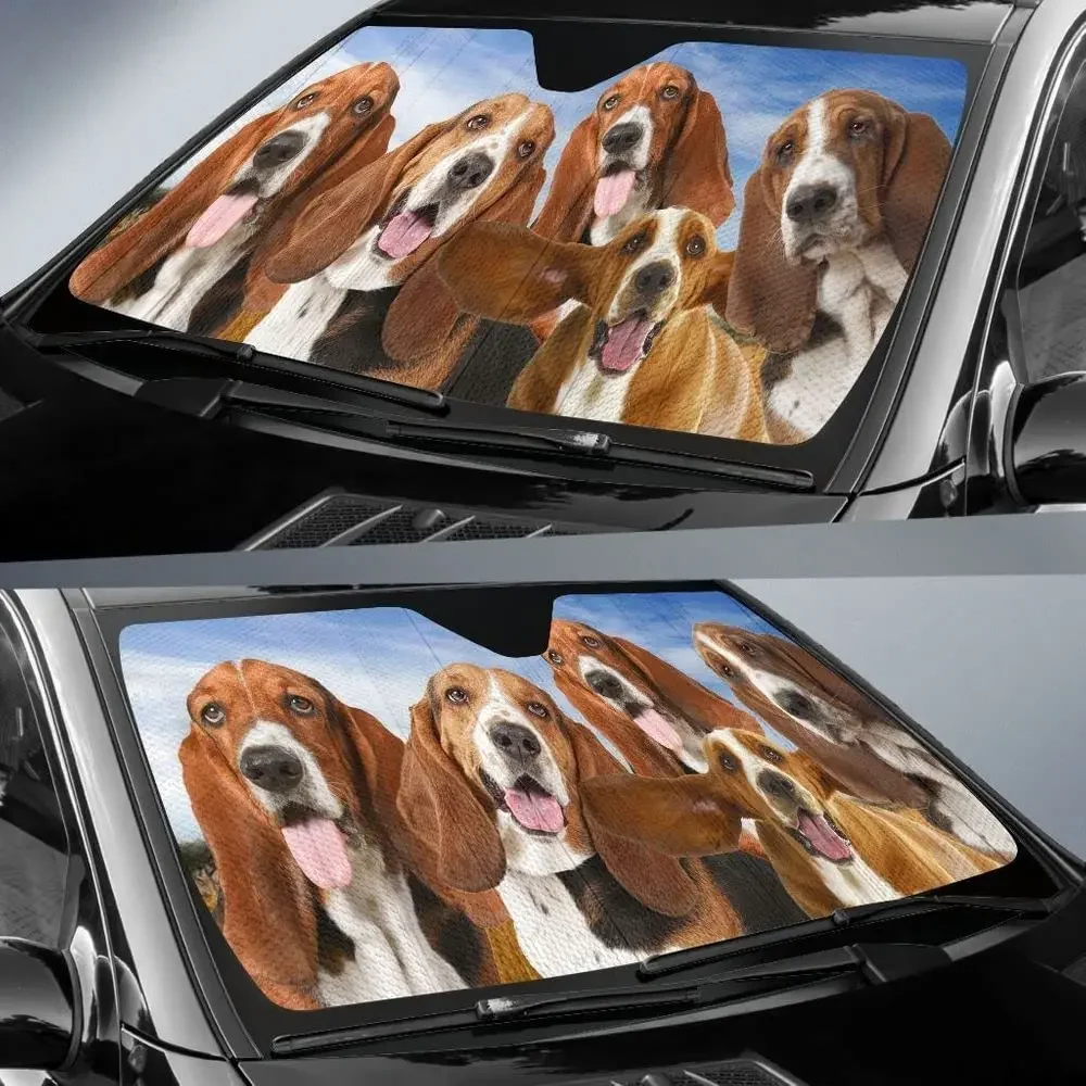 Tan and White Basset Hound Dog Lover Car Sunshade Windshield Window, Gift for Basset Hound  Car Windshield Durable Auto Visor