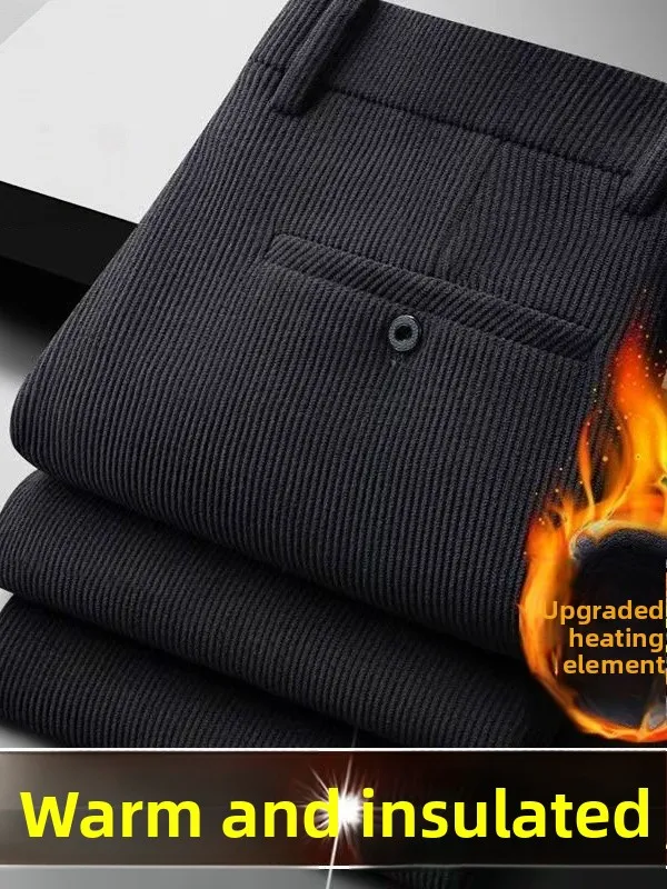 Thickened Fleece Corduroy Men's Pants Dad Casual Trousers Mid-aged Business Straight Leg Anti-pilling Warm Autumn Winter Trou...