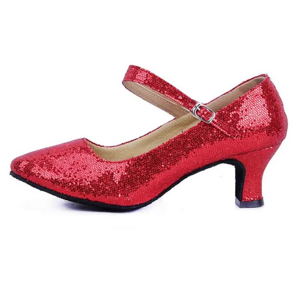 Shiny Performance Party Sequin Fairy Shoes Silver Red Round Toe Middle Heels Wedding Mary Jane Buckle Strap Latin Dancing Pumps