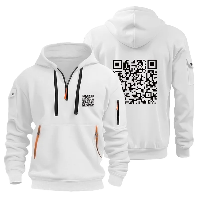 New Funny QR Code Hooded Fu You Half zipper Hooded Drawstring Pocket Sweatshirt Men/women Novelty Long Sleeve Pullover