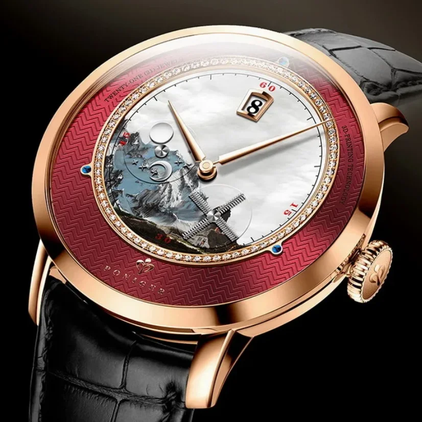 PONIGER Orologio automatico da uomo 41MM Orologio da polso meccanico di lusso 50M Impermeabile Zaffiro Girevole Mulino a vento Secondo quadrante