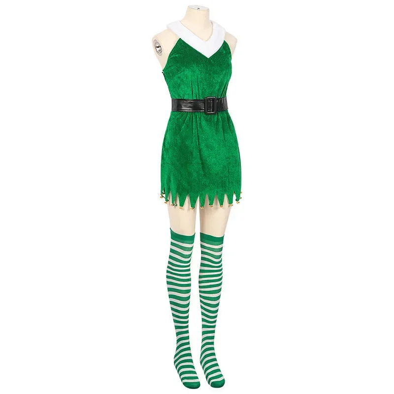 Middeleeuwse Kerstjurk Kostuum Groene Xmas Feestjurken Vrouw St.Patrick 'S Day Podiumoutfits Met Riem Hoed Sokken