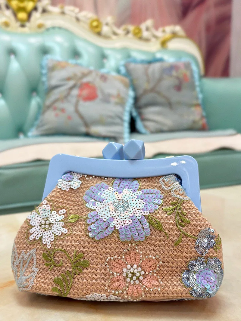 Luxury Sequined Straw Clip Shoulder Bag NEW Flower Embroidery Crossbody Bags for Women Acrylic Handbag Evening Bag Clutch Ladies