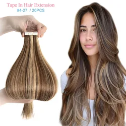 Tape in Hair Extensions Human Hair Real Natural Brazilian Remy Hair Straight Seamless Skin Hair Extensions Weft For Women 20Pcs