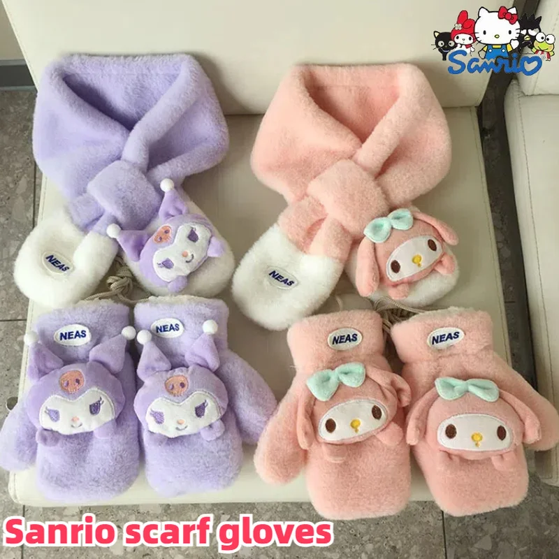 Sanrio Kawaii My Melody Plush Kuromi Children\'S Scarf Cinnamoroll Glove Accessories Soft Thickened Kids Scarves Girls Cute Gifts