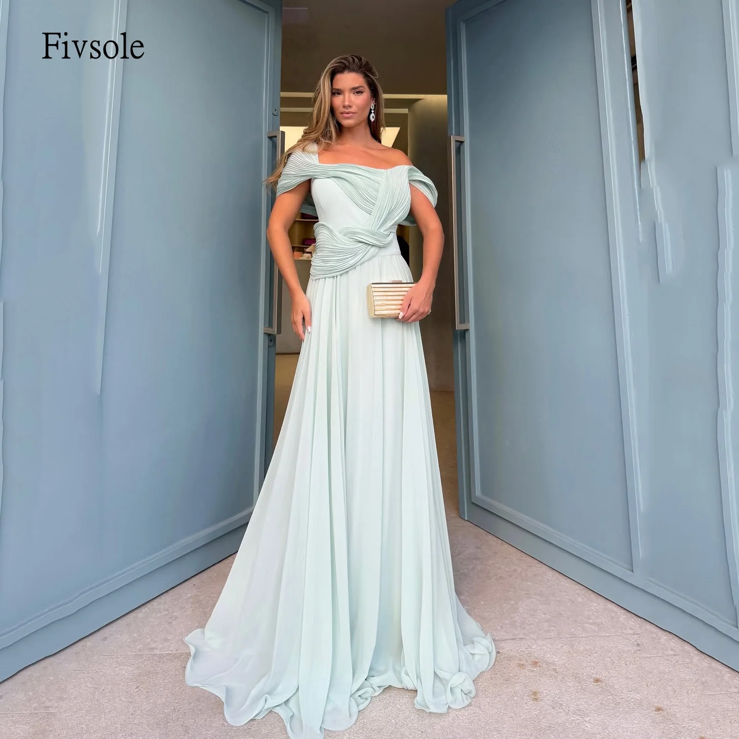 

Fivsole Off The Shoulder A Line Prom Gowns Backless Pleated Party Gown Floor Length Evening Dress vestidos de gala Customized