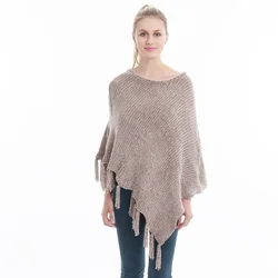 Poncho con borlas para mujer, chal de punto, suéter suelto de Color sólido, venta al por mayor, envío directo, Primavera, Otoño e Invierno