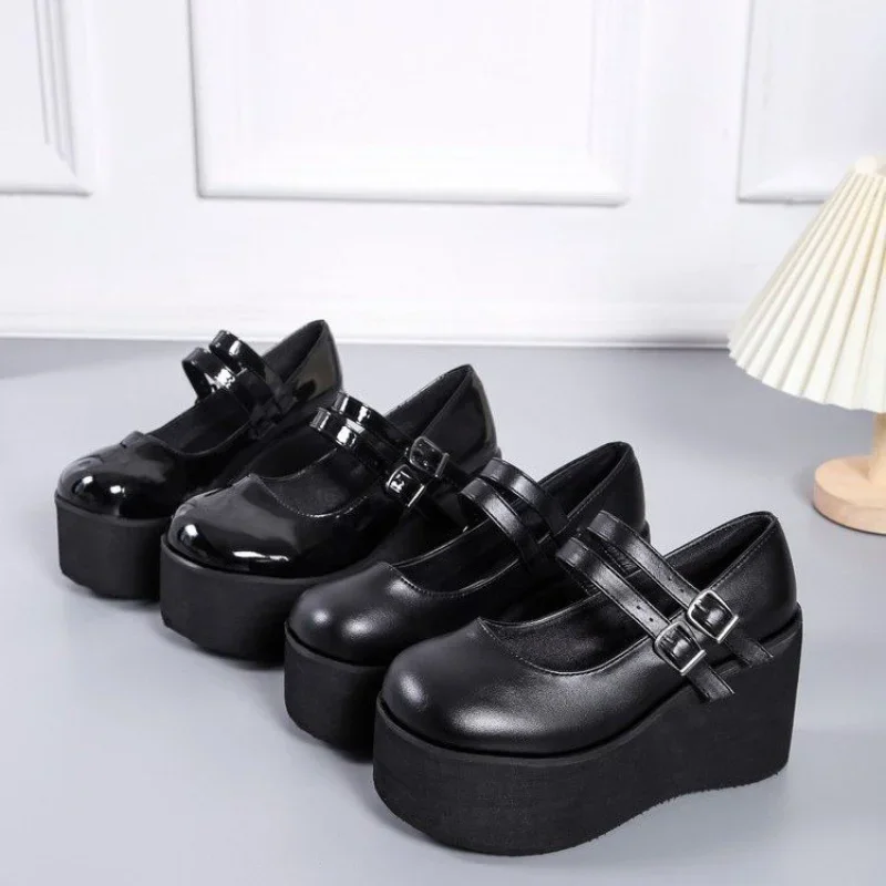 

Womens Shoes Fashion Wedges Platform Shoes Punk Gothic Shoes High Quality Leather Single Shoe Round Head Lolita Shoe Women Pumps