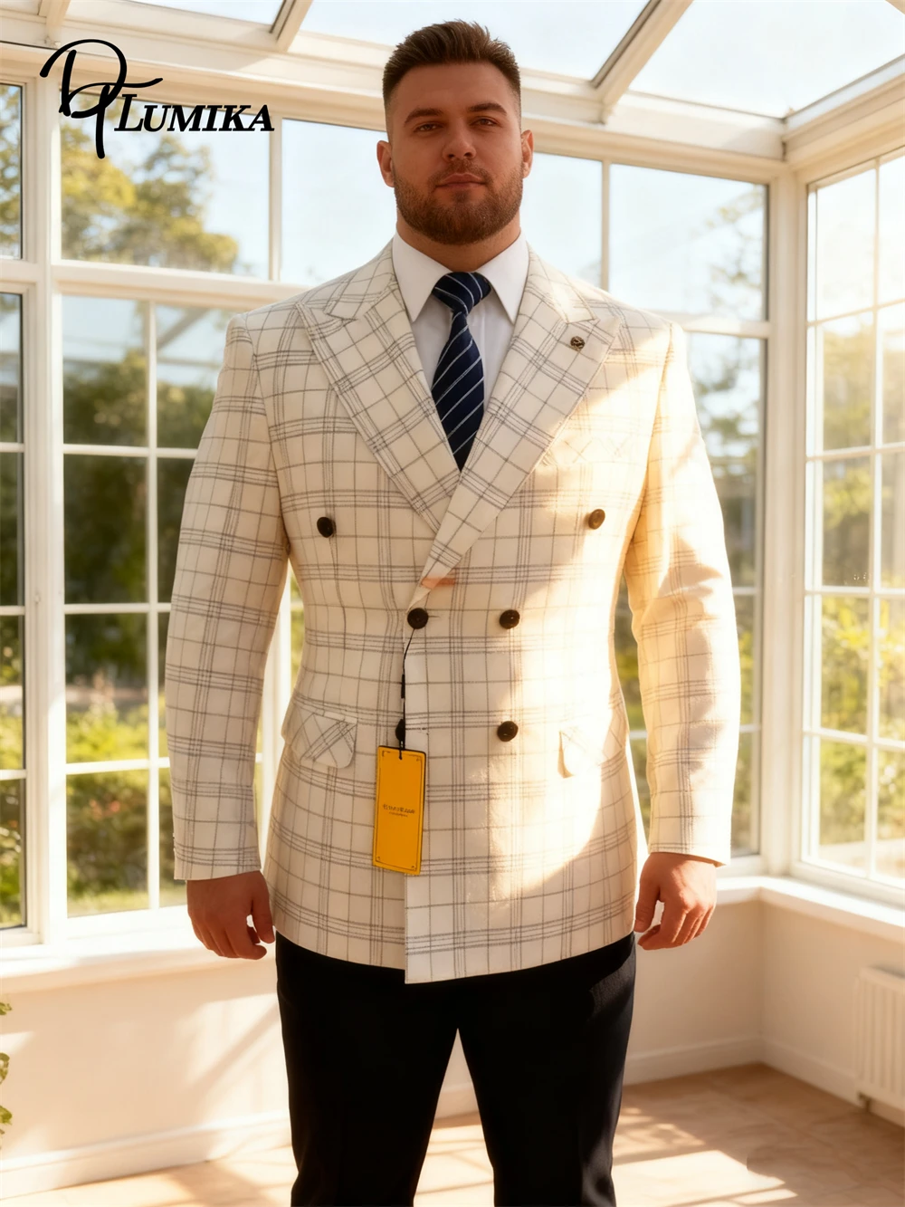 

DTLumika New Arrival Plaid Suit Set for Men, Plus Mens Jacket Pants Set, Double Breasted Stylish Tuxedo Business Mens Suits