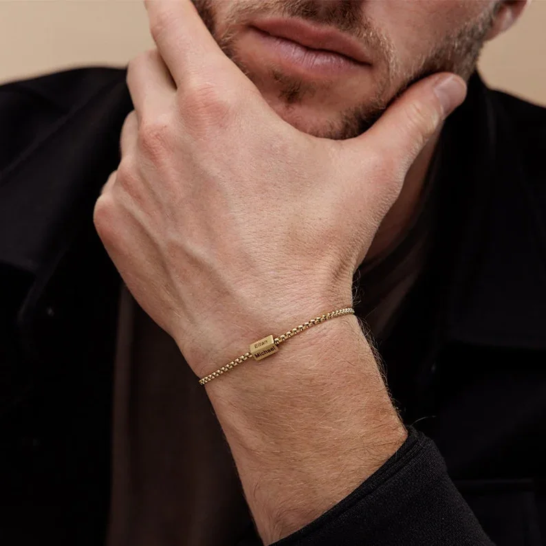 Custom Name Engraved With Box Chain Bracelet Stainless Steel Geometric Square TubeBracelet For Men Wrist Bracelet Gift to Dad