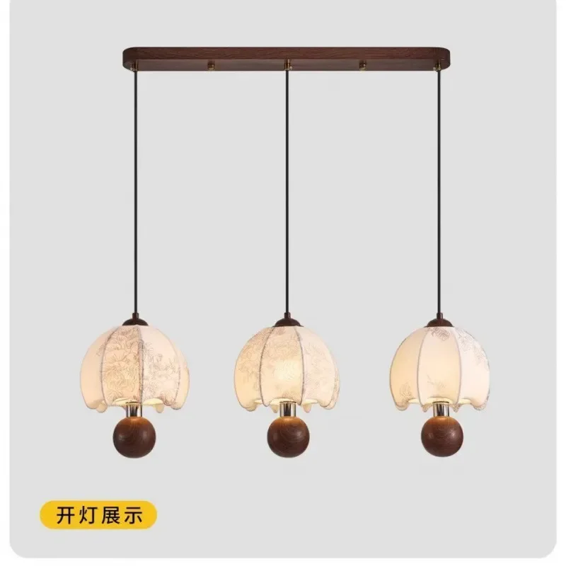 for French Medieval Fabric Chandelier Nanyang Retro Style Walnut Pattern 3-Head Dining Table Lamp Eye Protection Bedside