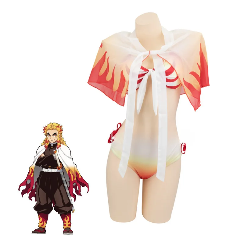 Anime Demon Slayer Swimsuit Bikini with Kimono Cover Up Women Nezuko Shinobu Cosplay Kimetsu No Yaiba Swimwear Sexy Bathing Suit