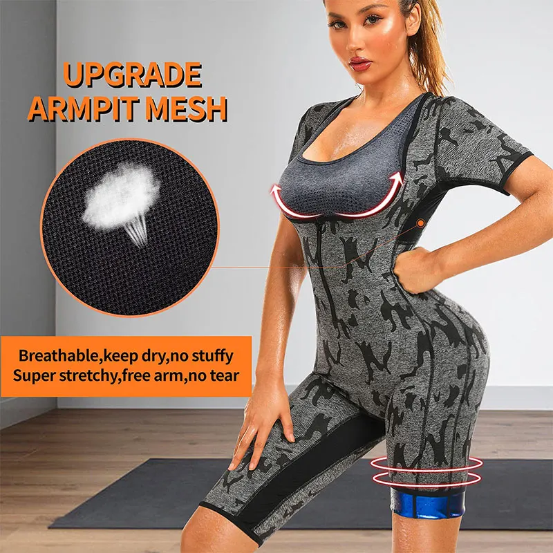 Women 3-In-1 Sauna Sweat Shirt Weight Loss Body Shaper Vest Hot Top Jumpsuit with Armpit and Crotch Breathable Mesh Sauna Suit