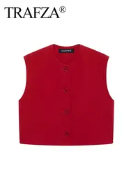 TRAFZA Women Vintage Solid Short Vest Single Breasted O Neck Sleeveless Slim Waistcoat Basic Office Lady Outerwear Red Vests