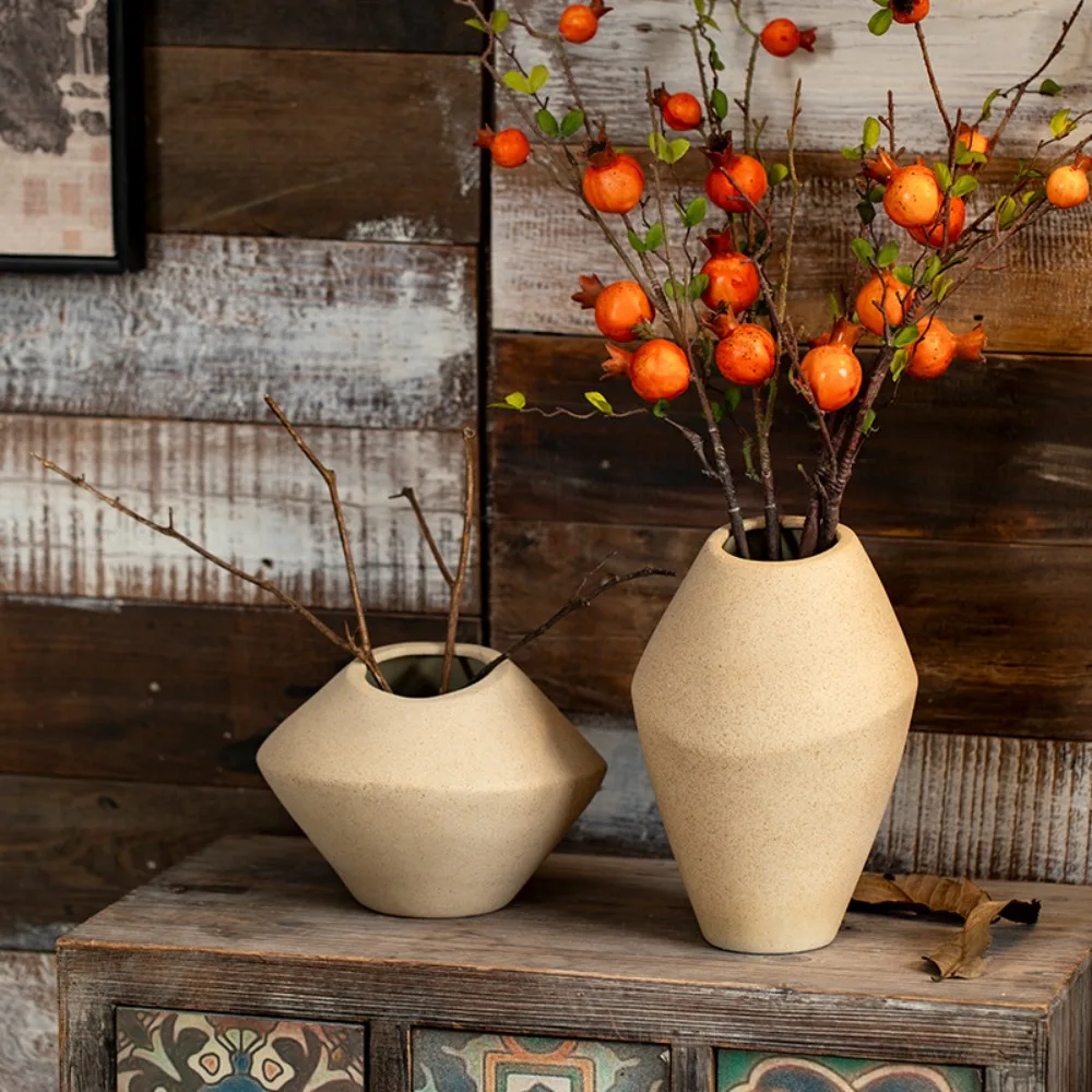 Retro Plain Embryo Ceramic Vase New Chinese Style Home Living Room Decoration Ornament Coarse Pottery Flower Ware