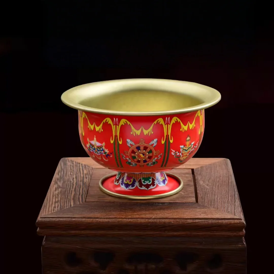 Auspicious red eight cups of water supply cups Nepal craft painted red copper bowls of water purification cups