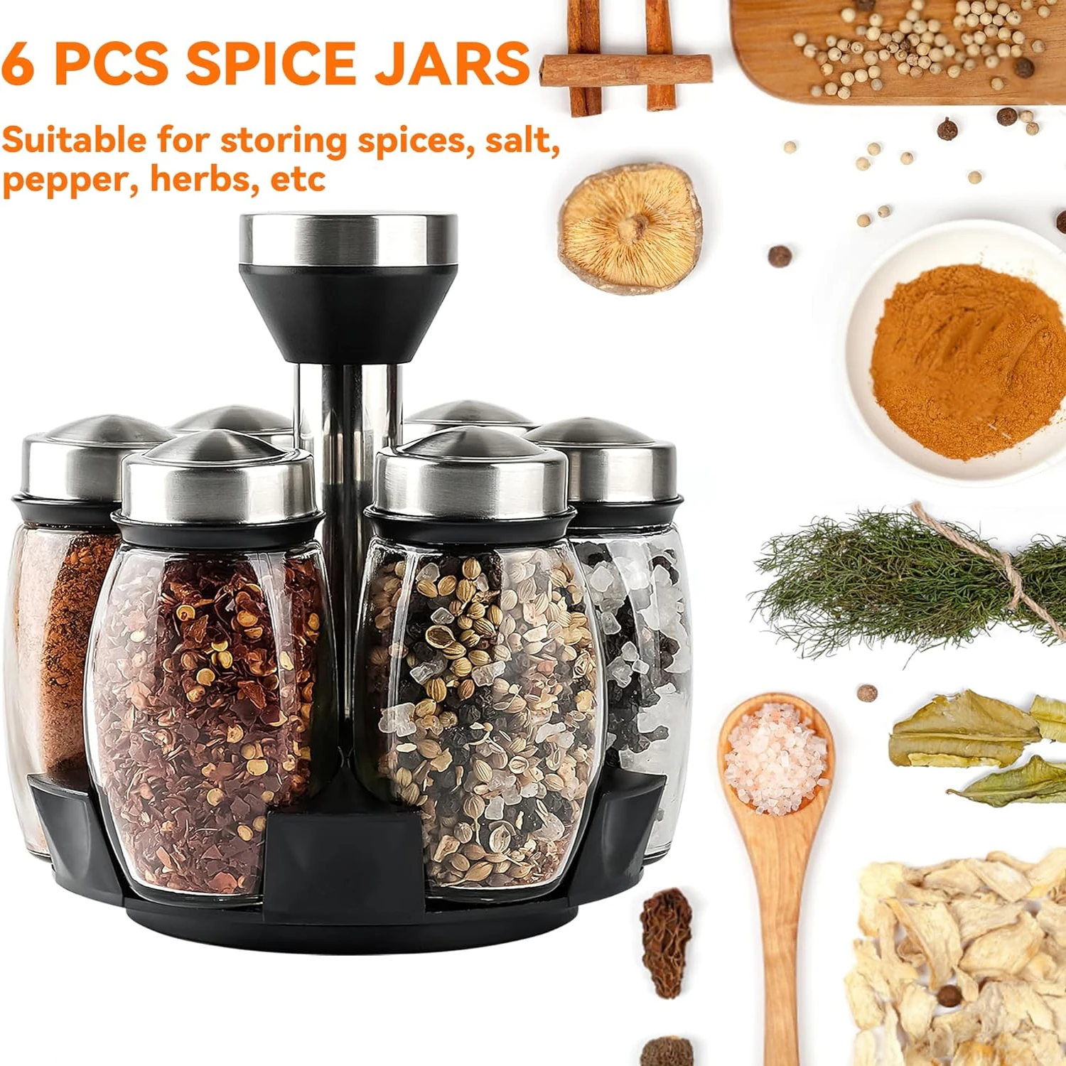 6pcs Set Rotating Seasoning Jar Salt Sugar Pepper Shakers Bottle Spice Rack Seasoning Organizer Holder Kitchen Containers Jars