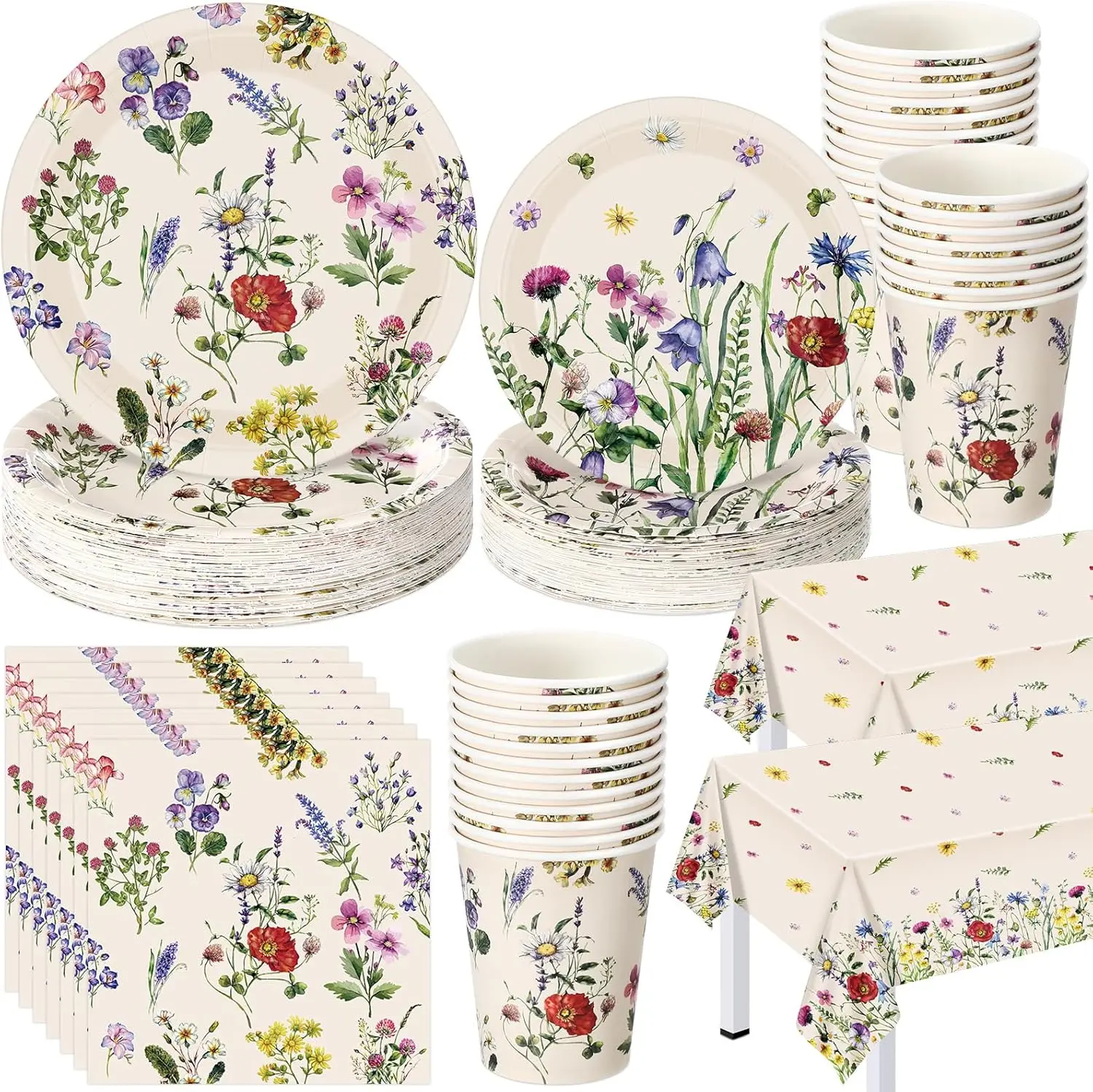 

202 Pcs Wildflower Party Decoration Supplies Floral Paper Plates Napkins Cups Butterfly Wildflower Tablecloth for Spring