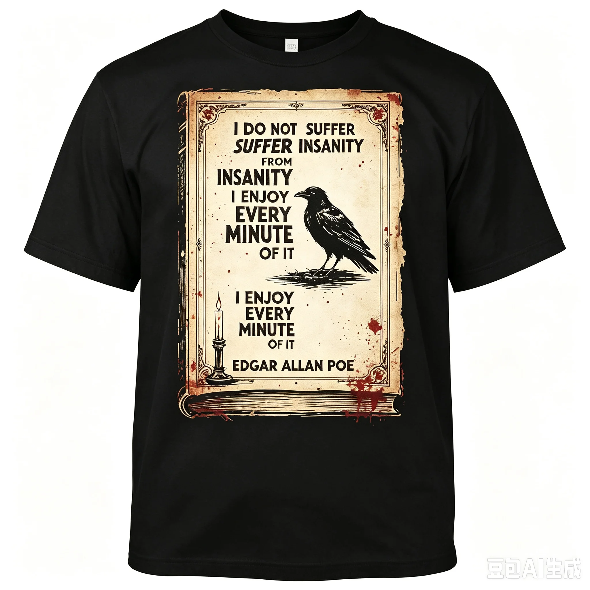 Vintage Gothic Book Art T‑Shirt For Men Edgar Allan Poe Quote Crow Distressed Graphic Loose Short Sleeve Streetwear Top