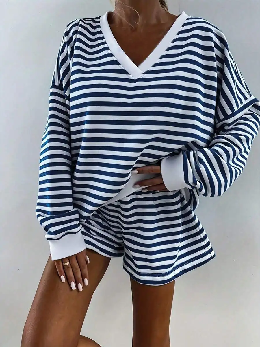

2 Pieces Set Fashion Stripe V-Neck Long Sleeve Loose Top And Elastic Waist Shorts Casual Home Outfit