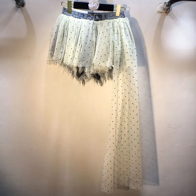 

2025 Summer New Splicing Polka Dot Mesh High Waist Thin Brushed Ripped Edge Denim Shorts for Women / Girls