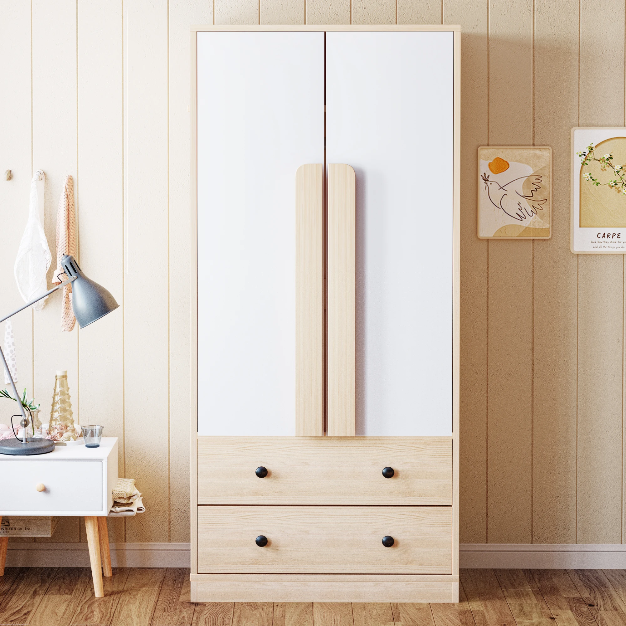 Armoire 70x40x170 cm, 2 portes, 2 tiroirs et étagères, robuste, pour chambre à coucher, usage quotidien, espace de rangement, bois naturel et blanc