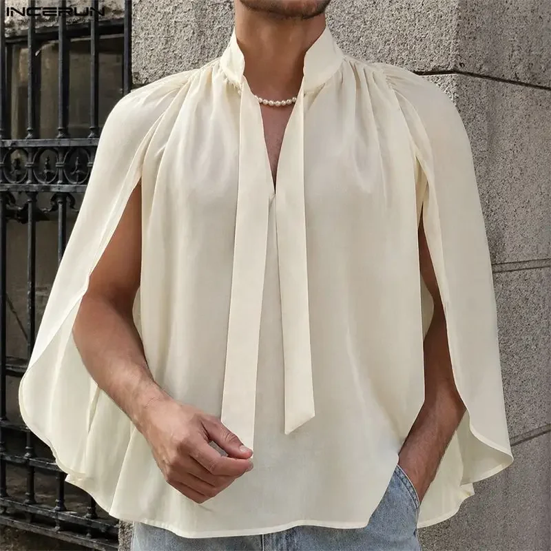 INCERUN Men Shirt Solid Lace Up Long Sleeve Loose Ponchos Men Clothes Streetwear 2026 Pleated Fashion Casual Tops For Man Cloak