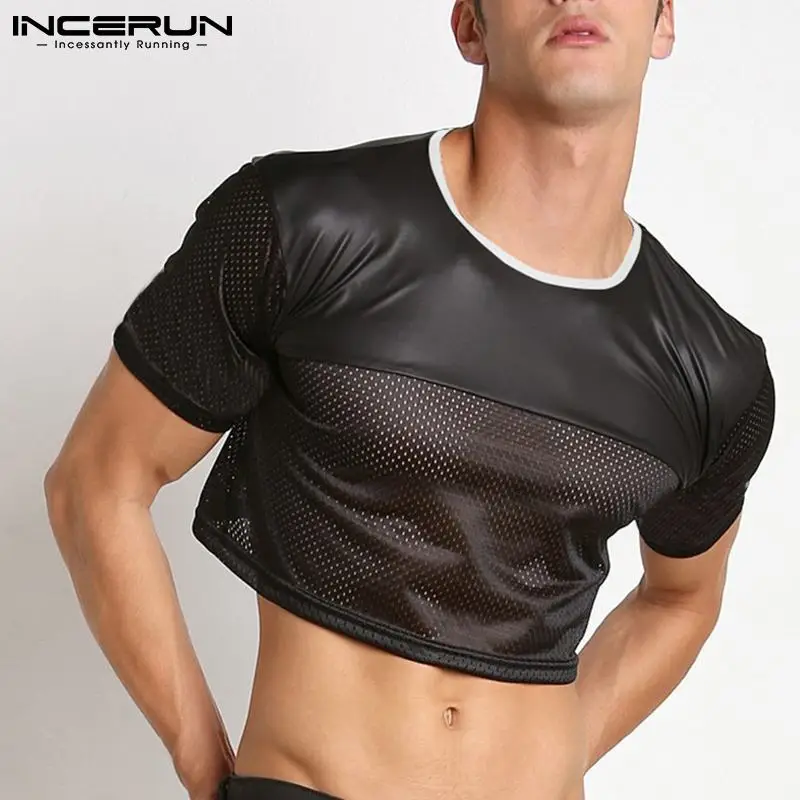 Fashion Men Crop Tops Patchwork See Through Sexy Short Sleeve T Shirts Streetwear 2023 Party Nightclub Men Clothing INCERUN 5XL