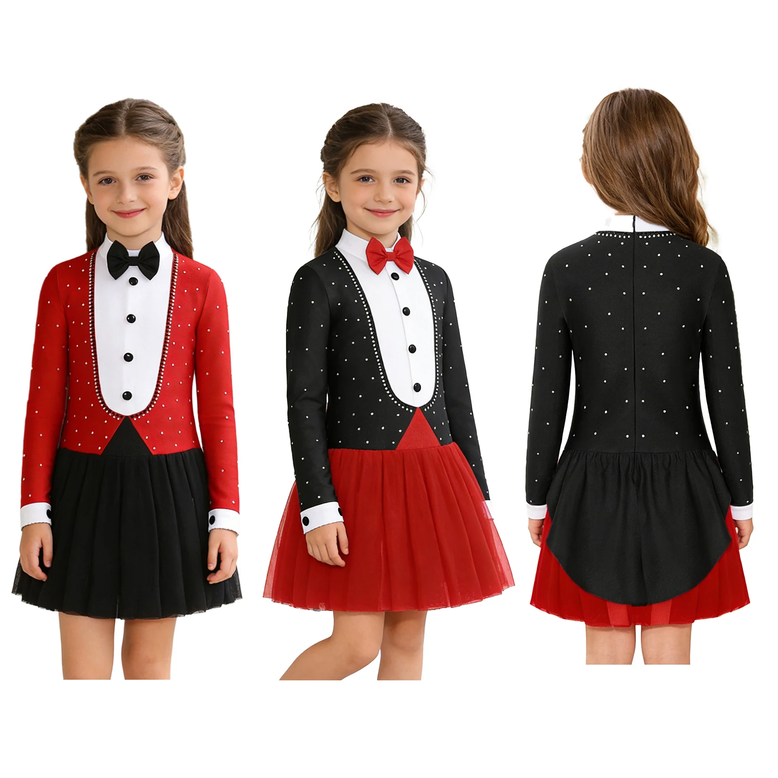 Kid Girls Circus Costume Ringmaster Jumpsuit Bowtie Long Sleeve Rhinestone Color Block Leotard Dress Halloween Magician Dress Up