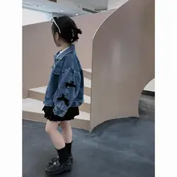 Baby Girls Coats Jeans Fashion Bowknot Casual Jacket 2024 Autumn New Korean Style Childrens Coats