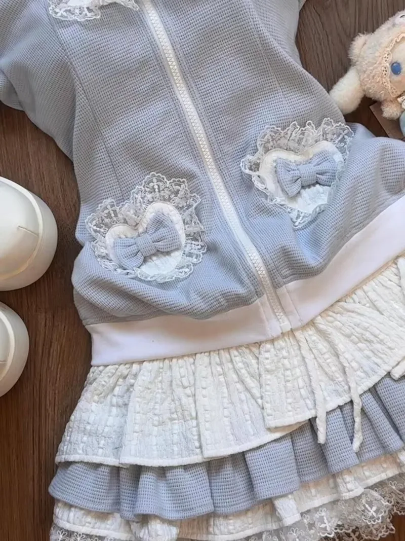 Летняя кавайная куртка-кардиган с цветными блоками, сладкая и пряная милая куртка с капюшоном для девочек, топ + многослойная юбка-тортик с высокой талией, комплект из 2 предметов Y2k