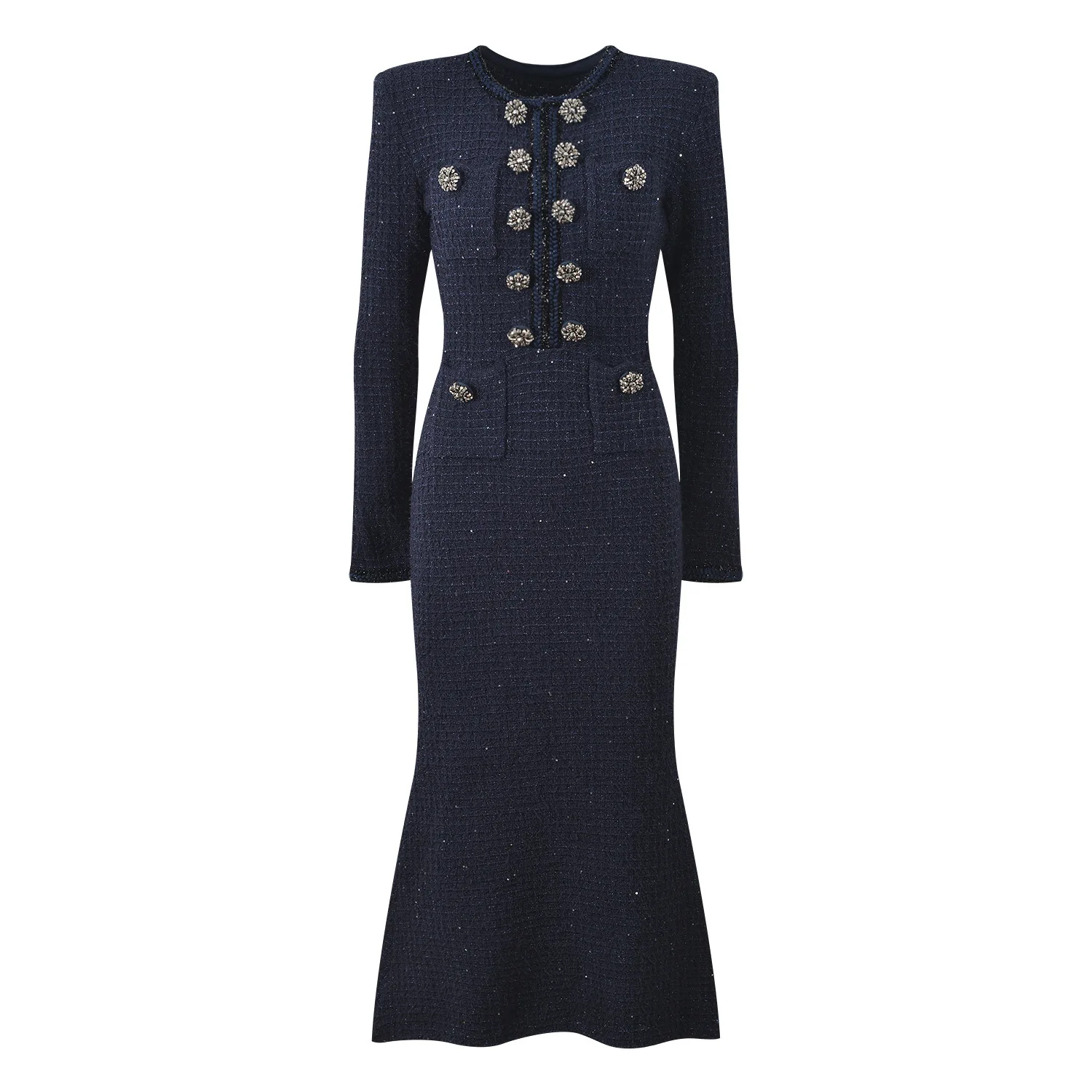 Elegant Autumn Knitted Dress Women Full Sleeve Double Breasted Beading Winter Clothing Blue Sweater Midi Sheath Dresses Knitwear