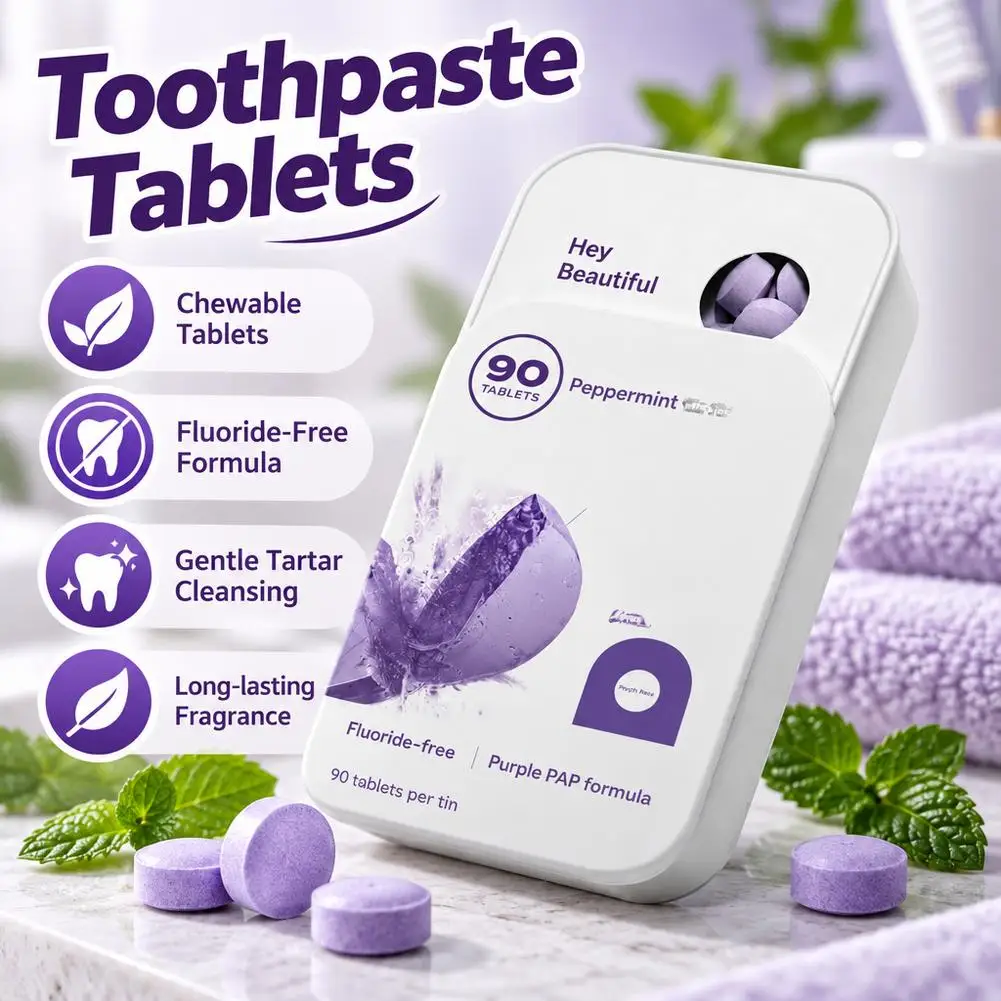 90pc/box Purple Toothpaste Tablets Long lasting Fragrance Solid Chewing Fluoride Free Toothpaste Tablets Gentle Clean Dental