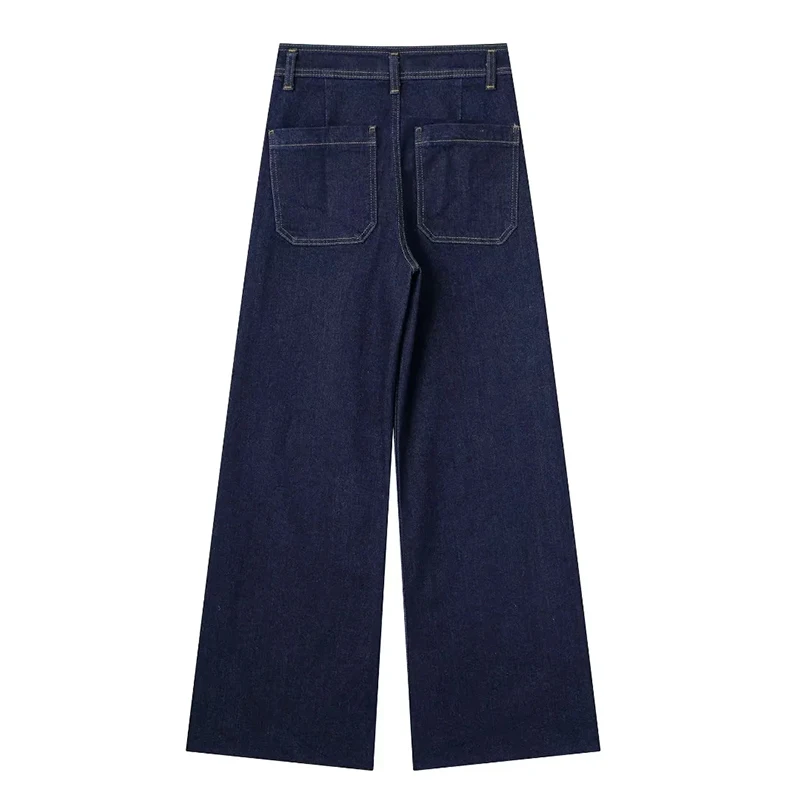 Casual Women\'s High Waist Straight-leg Jeans Pants Fashion All-match Denim Pants Button Zipper Jean Trousers Navy Pocket Bottoms