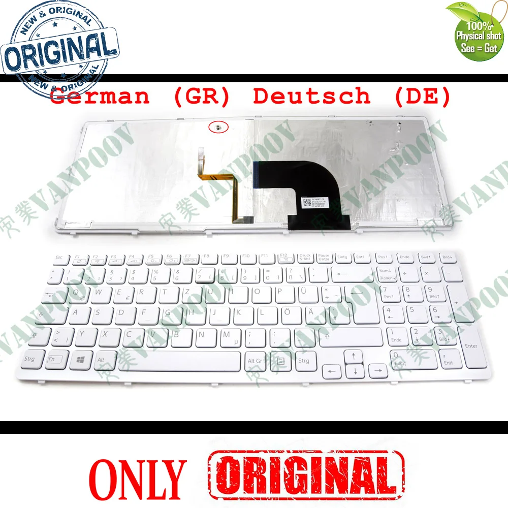 QWERTZ New Laptop Keyboard for Sony Vaio SVE15 SVE 15 SVE1511 White with Backlight 9Z.H6CBQ.H0G 149080711 German GR Deutsch DE