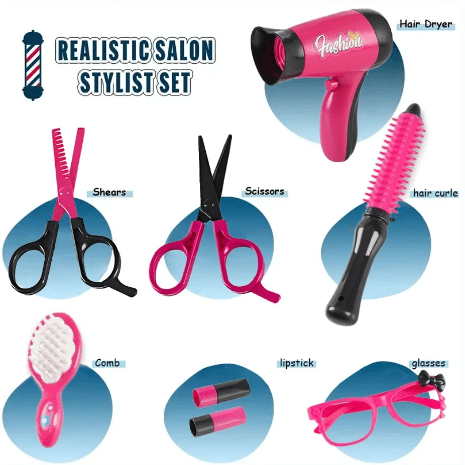 Set da salone di bellezza per ragazze da 17 pezzi, kit per tagliare i capelli, giocattolo da parrucchiere con asciugacapelli, forbici, grembiule da barbiere, regalo per ragazza