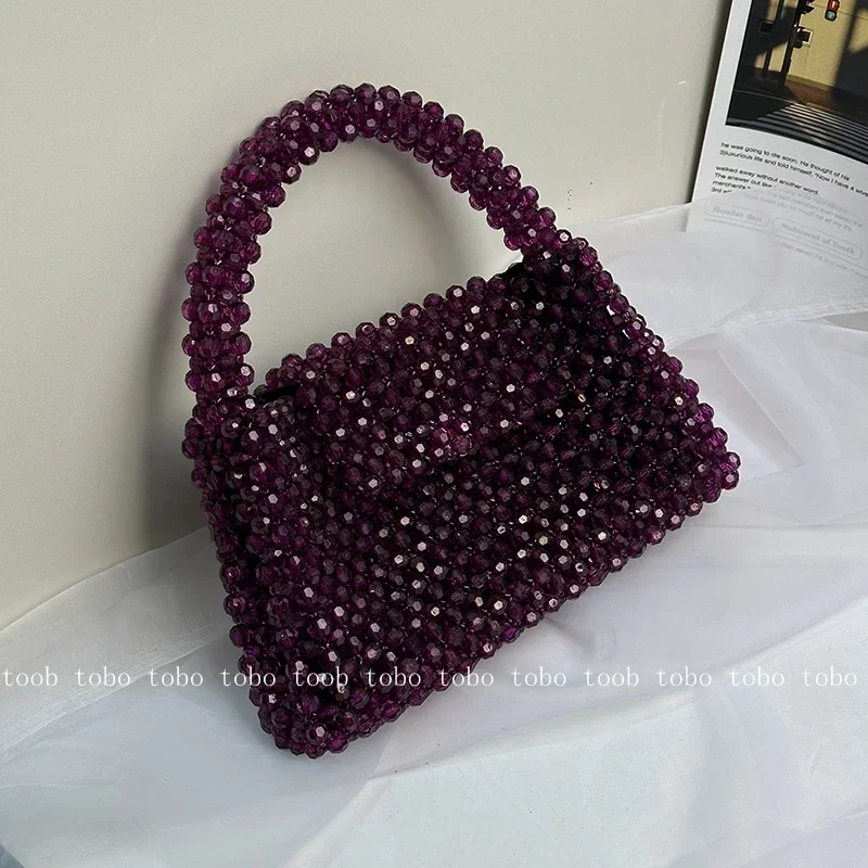 Designer Handmade Big Party Bag Transparent Crystal Stone Beaded Handle Purses Purplish Redluxury Handbags with Inner