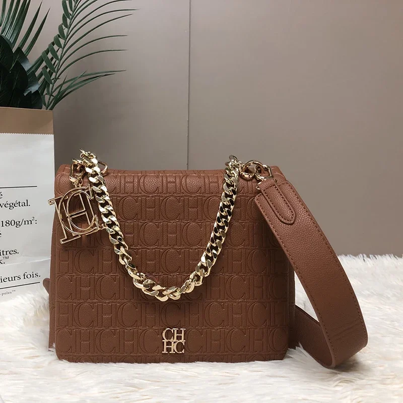 

Кожаная сумка через плечо CH однотонного цвета для женщин, с тисненым узором CH, стильная, с золотой цепочкой и верхней ручкой, для повседневного использования