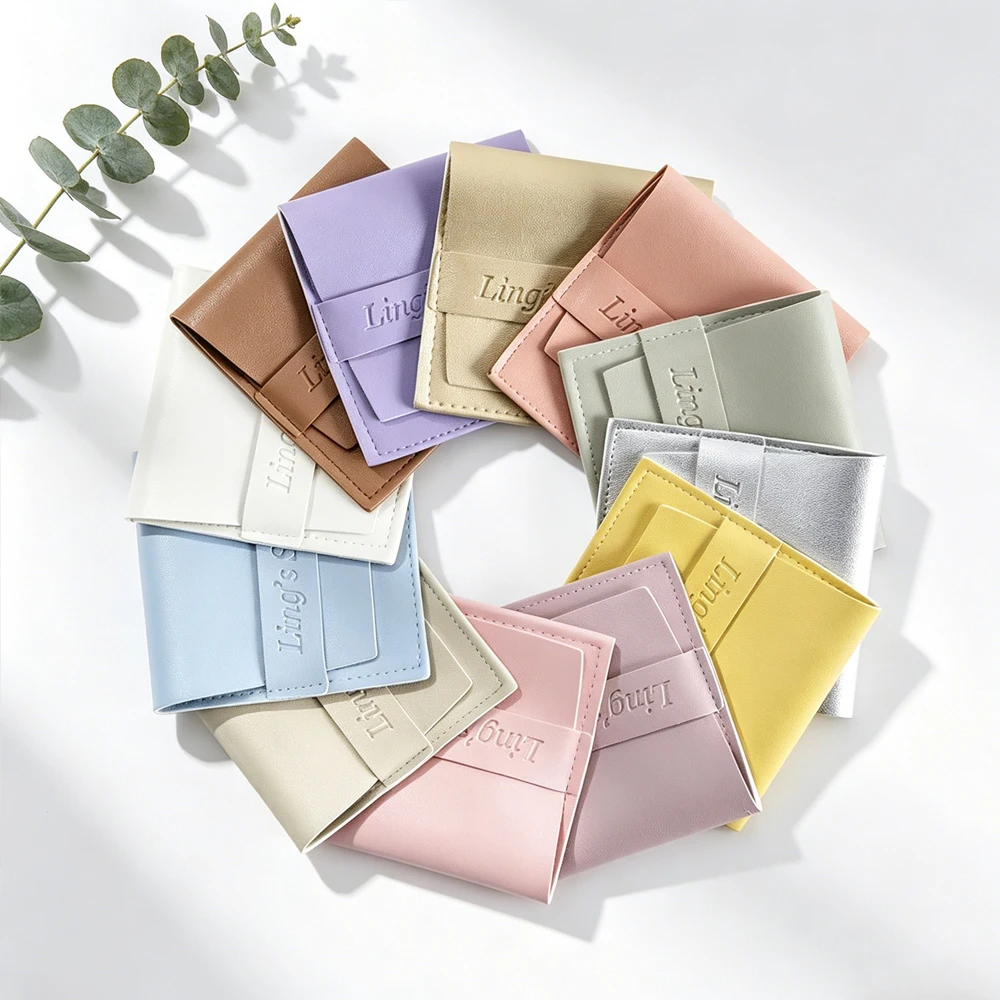 

50pcs Custom Logo Personalized PU Leather Jewelry Pouch Bag Small Soft Gift Packaging for Earrings Brooch Ring Wedding Christmas